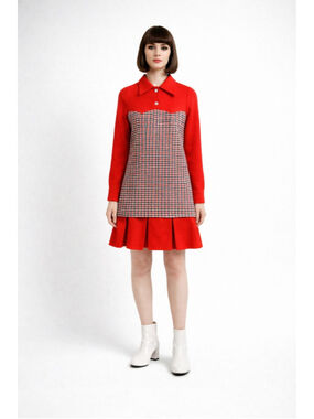 Authentic Vintage 1960s Mod Wool Dress Junior 9 Red Houndstooth The Young Look